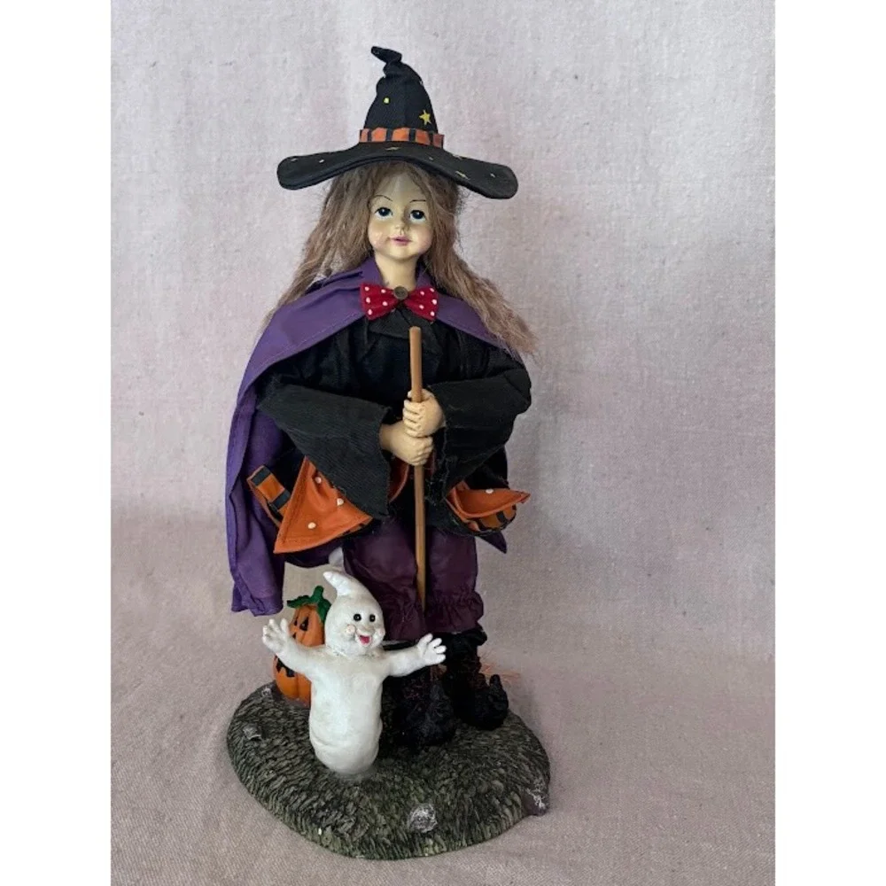 Vintage‎ Halloween Fabric Mache Witch Figurine with Broom, Ghost, and Pumpkin
